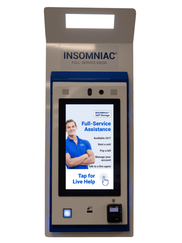 Full-service INSOMNIAC kiosk 231 model offers live help for self storage customer service