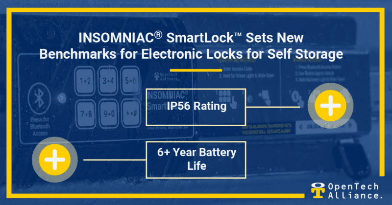 Image of Electronic Locks for Self Storage with callouts highlighting their 6+ years of battery life and new IP56 rating.