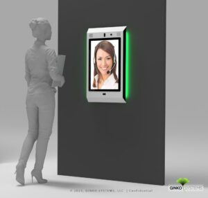 Woman approaches cost-effective storage kiosk, INSOMNIAC 200 self storage kiosk, with 32" screen, ADA button, driver's license scanner and credit card reader.